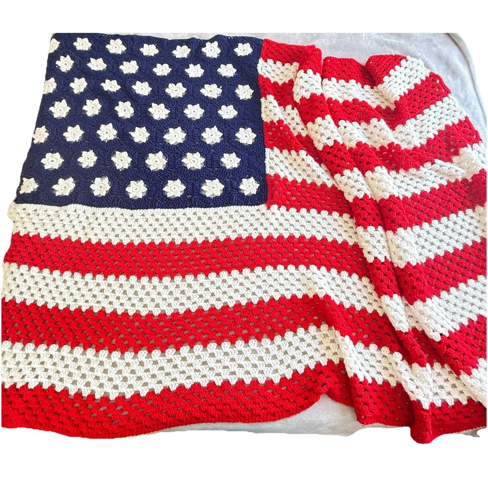 Vintage Crocheted American Flag Afghan Blanket Patriotic America 250  USA 90x50"